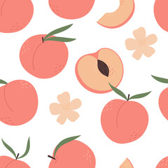 Seamless pattern with peaches. Cottagecore. Half, slice and whole shape of peach, nectarine, apricot, apple. Peaches background. Flat design.