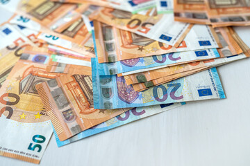 Pile of many different euro banknotes