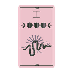 Vintage tarot cards with moon phases and snakes isolated on a white background. Celestial magic for occult and divination. Pink light cards. Serpent with sun. Flat vector illustration.