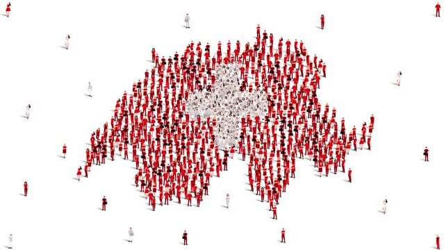 Switzerland Map and Flag. A large group of people in the Switzerland flag color form to create the map. 4K Animation Video.