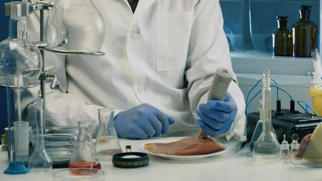 A food inspector checks a piece of salmon from a store for harmful substances. The scientist uses test tubes and flasks with chemical reagents.