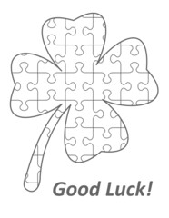 St Patrick's Day themed four-leaf clover shaped jigsaw puzzle blank template with classic style transparent (for vector mode) pieces
