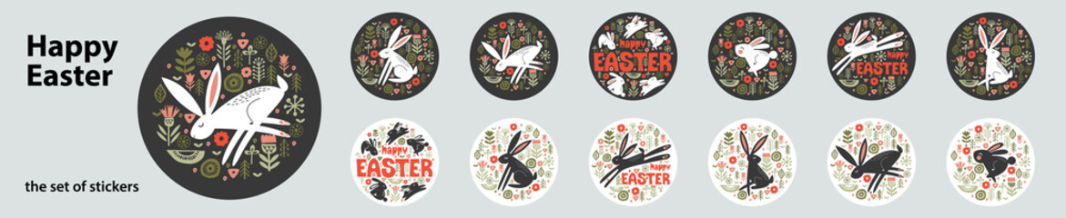 A set of vector stickers for Easter. Cute rabbits and spring flowers.