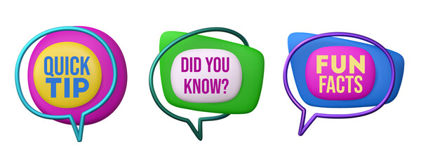 3d colorful badges or buttons set. Realistic labels quick tip, fun facts and did you know. Vector render illustration isolated on white background