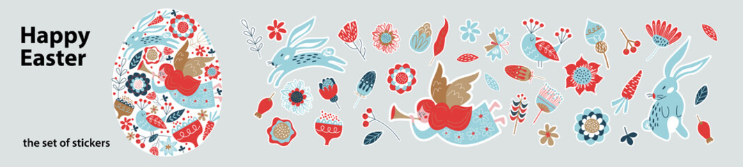 A set of festive stickers for Easter with an angel, rabbits and spring flowers. - 487027386
