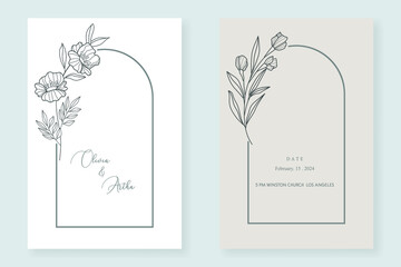 continuous lines flower flora logo wedding greeting card bride and groom invitation card vector illustration