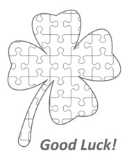 St Patrick's Day themed four-leaf clover shaped jigsaw puzzle blank template with classic style transparent (for vector mode) pieces
