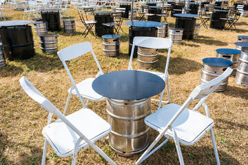 Chiang Rai, Thailand - January, 11, 2022 : tables and chairs of beer bar patio at Singha park Chiangrai Thailand.