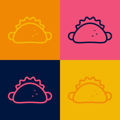 Pop art line Taco with tortilla icon isolated on color background. Traditional mexican fast food menu. Vector
