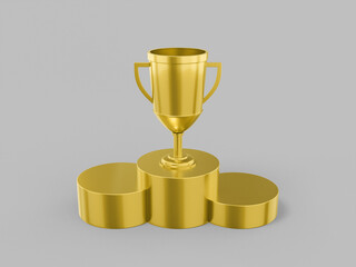 Golden single color cup winner on a pedestal on a gray monochrome background. Minimalistic design object. 3d rendering icon ui ux interface element.