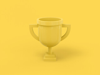 Yellow single color prize cup on yellow monochrome background. Minimalistic design object. 3d rendering icon ui ux interface element.