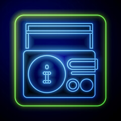 Glowing neon News on radio channel icon isolated on blue background. Vector