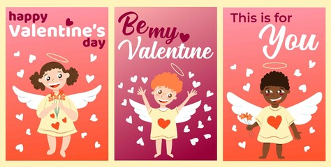 Fototapeta na wymiar Happy Valentine's Day. Collection of greeting cards with babies cupid angels. Boys and girls. Red and white hearts. Cartoon characters. Cute and funny. Gradient background. Template for post cards