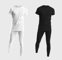 White, black compression underwear mockup, front, t-shirt, pants 3D rendering, for design.