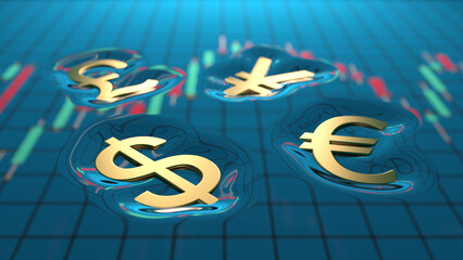 Dollar, Euro, Yen, British Pound symbols floating on currency chart like objects floating on water surface
