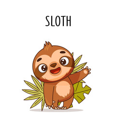 Cute baby sloth stands and waves near leaves and bushes. Vector illustration for designs, prints and patterns. Isolated on white background