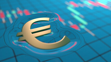 Euro symbol floating on currency chart like object floating on water surface