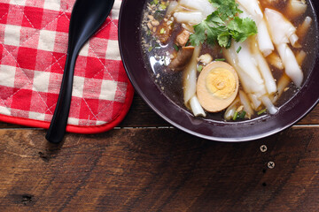 boiled Chinese pasta square, Rolled Rice Noodles or Noodle and Kuayjub Shop. what we call in thai  