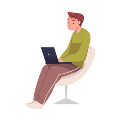 Man Character with Laptop Sitting in Chair Suffering from Internet Addiction Vector Illustration