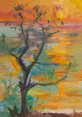 Orange sunset sea painting. A study of a tree against the background of the sea in oil in the warm sunset light. The concept of creativity inspiration pleinair painting. Quick hand drawing from nature