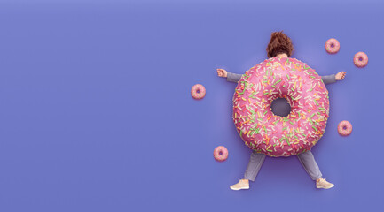 Girl with  donut. Fast food concept, overweight. Minimal pink background with copy space