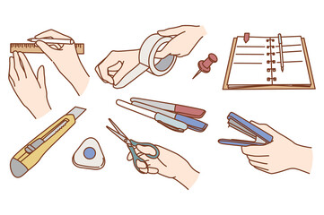 Set of person hand with diverse stationery study or work at desk. Collection of office supplies with student or pupil. Writing equipment for business or school. Flat vector illustration. 