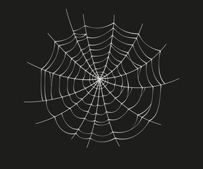 Scary spider web. White cobweb silhouette isolated on black background. Doodle spideweb circle. Hand drawn cob web for Halloween party. Vector illustration.