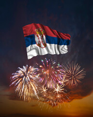 Holiday fireworks and flag of Serbia