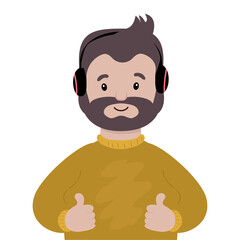 The guy with the beard listens to music and making thumbs up sign with both hands. Cartoon Vector illustration in flat style