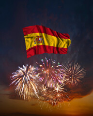 Holiday fireworks and flag of Spain