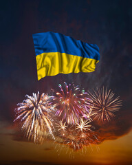 Holiday fireworks and flag of Ukraine