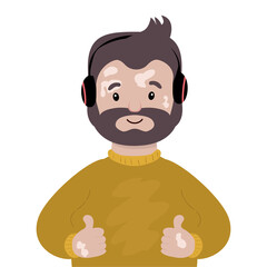 Bearded man with vitiligo. Body positive and self love. Man wearing headphones in cartoon style. Vector illustration