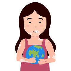 Young Girl in Depigmentation Disease. Girl Holds Globe. World Vitiligo Day vector illustration in cartoon style