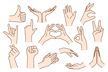 Set of person hands show different hand gestures expressing thoughts and emotions. Man or woman speak talk using sign language. Nonverbal communication concept. Flat vector illustration. 