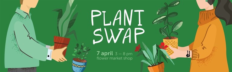Green plant swap party poster template. Eco friendly lifestyle potted flowers market. Horizontal banner plants exchange. Boy and girl holding big houseplants. Cartoon cute vector illustration - obrazy, fototapety, plakaty