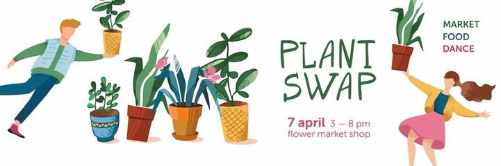 Green plant swap party poster template. Eco friendly lifestyle potted flowers market. Horizontal banner plants exchange. Flying boy and girl holding big houseplants. Cartoon cute vector illustration