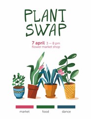 Green plant swap party poster template. Eco friendly lifestyle potted flowers market. Vertical banner plants exchange. Group of houseplants isolated on white. Cartoon cute vector illustration - obrazy, fototapety, plakaty