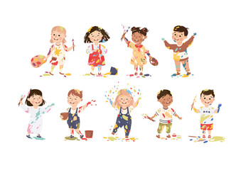 Little Children Smeared in Paints Holding Artist Palette and Brush Vector Set
