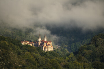 Marian sanctuary in Covadonga seen from the top of the mountains