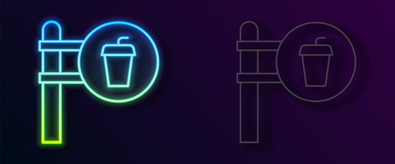 Glowing neon line Cafe and restaurant location icon isolated on black background. Fork and spoon eatery sign inside pinpoint. Vector.