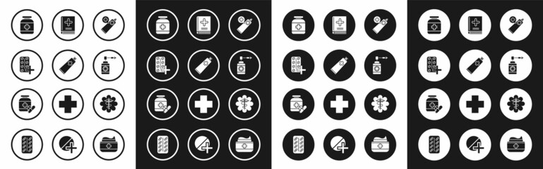 Set Ointment cream tube medicine, Pills blister pack, Medicine bottle, Medical with nozzle spray, book, Emergency star medical symbol Caduceus snake stick and and pills icon. Vector