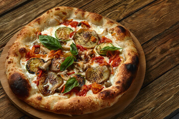 pizza vegetables tomato, onion, pickles, mushrooms, etc. vegan or vegetarian food ready to eat no meat portion on the table for healthy meal snack outdoor top view copy space food background rustic