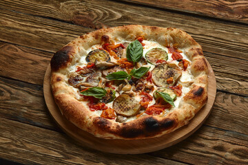 pizza vegetables tomato, onion, pickles, mushrooms, etc. vegan or vegetarian food ready to eat no meat portion on the table for healthy meal snack outdoor top view copy space food background rustic