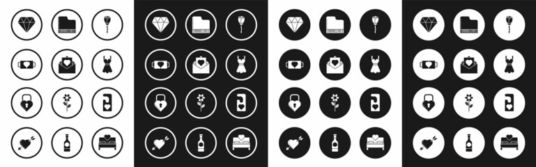 Set Flower rose, Envelope with Valentine heart, Two coffee cup and, Diamond, Woman dress, Grand piano, Please do not disturb and Castle the shape icon. Vector
