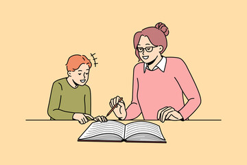 Education teaching and learning concept. Smiling boy pupil and woman teacher sitting and reading book together getting knowledge vector illustration 