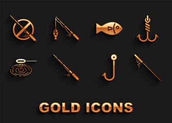 Set Fishing rod, hook, net, water, No fishing and and icon. Vector