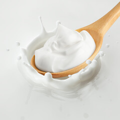 sour cream in wooden spoon falls into milk, yoghurt, sour cream, Splash