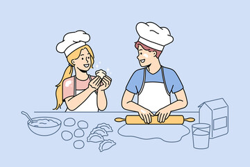 Baking and leisure fun concept. Happy excited children kids standing wearing chef hats cooking baking dumplings together in kitchen vector illustration