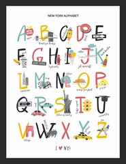 English alphabet with New York hand-drawn symbols isolated on white. Letters with elements of a big city, architecture, food, for the decor of a nursery, poster, card. Cartoon cute vector illustration