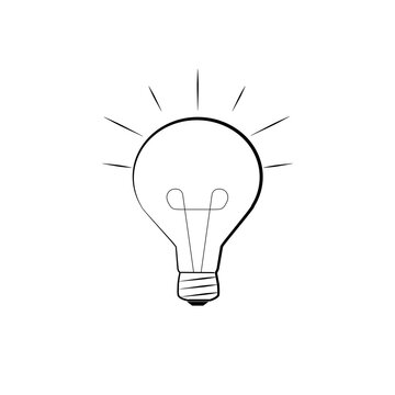 Round light bulb on a white background. Monochrome illustration of a glowing electric light bulb.